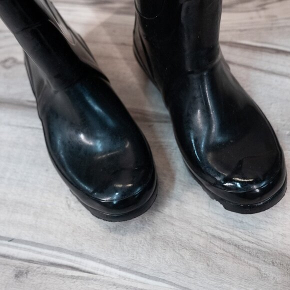 HUNTER Women Field Huntress Black Gloss Rubber Knee High Tall Rain Boots Sz 6 - Picture 7 of 7